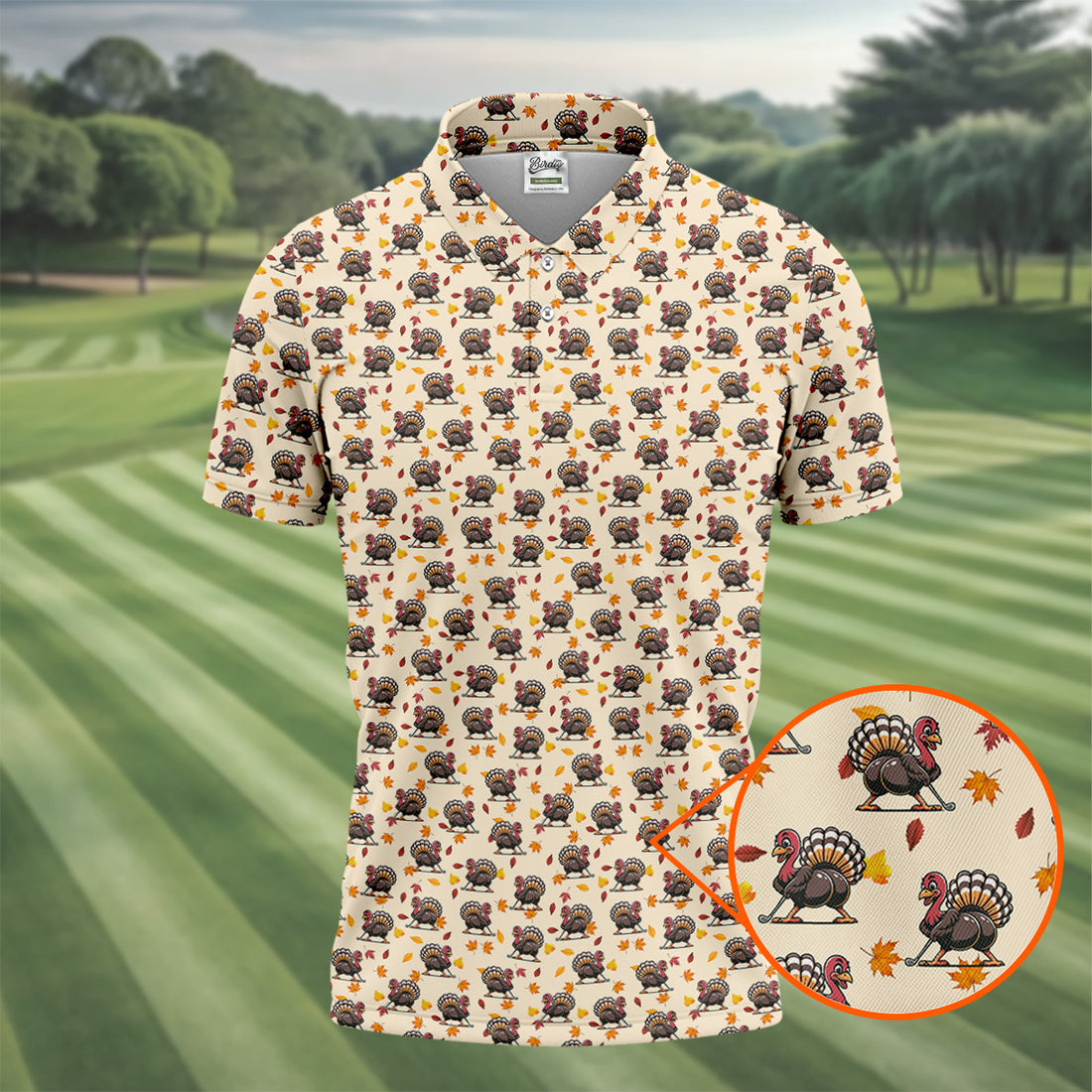Funny Turkey Golfing Men's Golf Polo Shirt, Fun Golf Polos For Men, Thanksgiving Golf Shirt