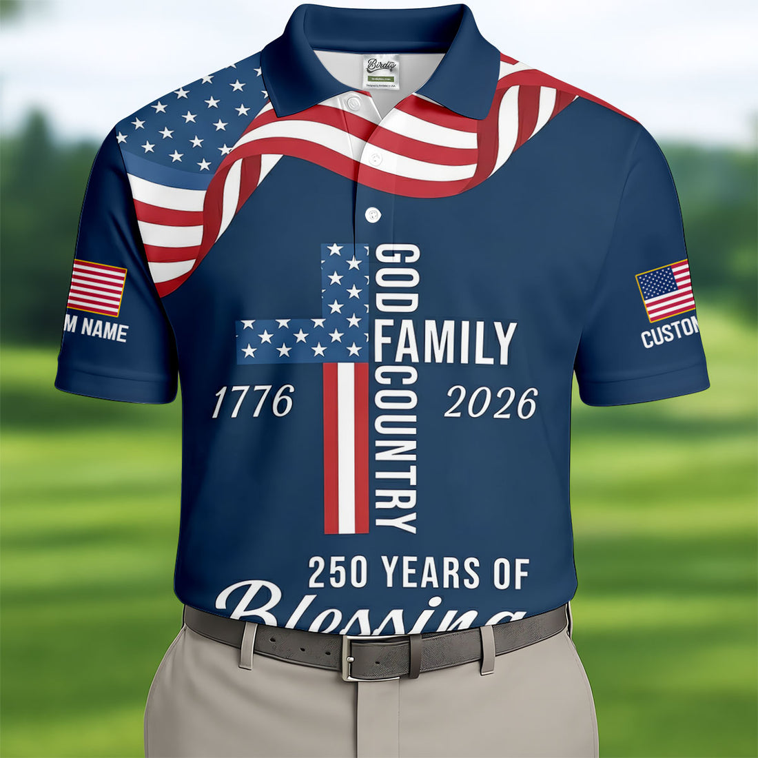 God Family Country Faith Cross 250 Years Of Blessing US Flag Golf Shirt, Golf Shirts For Men