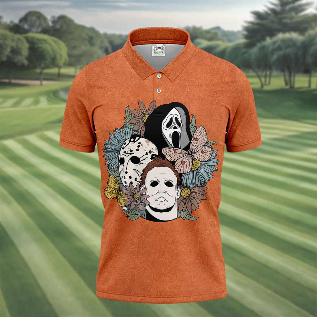 Floral Horror Mask Trio Halloween Golf Polo Shirt, Men's Golf Shirt, Mens Golf Apparel