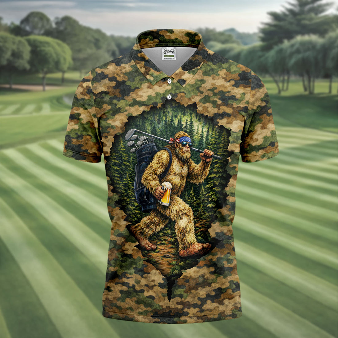 Camo Bigfoot Golfer Drinking Beer Polo Shirt, Mens Golf Shirts, Golf Apparel For Men