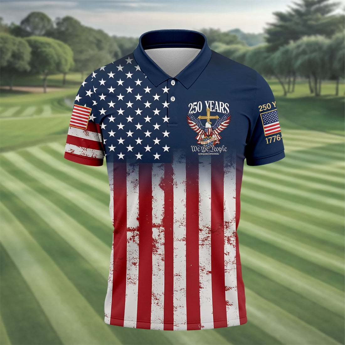 250 Years We The People Bald Eagle US Flag Cross Faith Golf Shirts For Men, Patriotic Golf Shirt