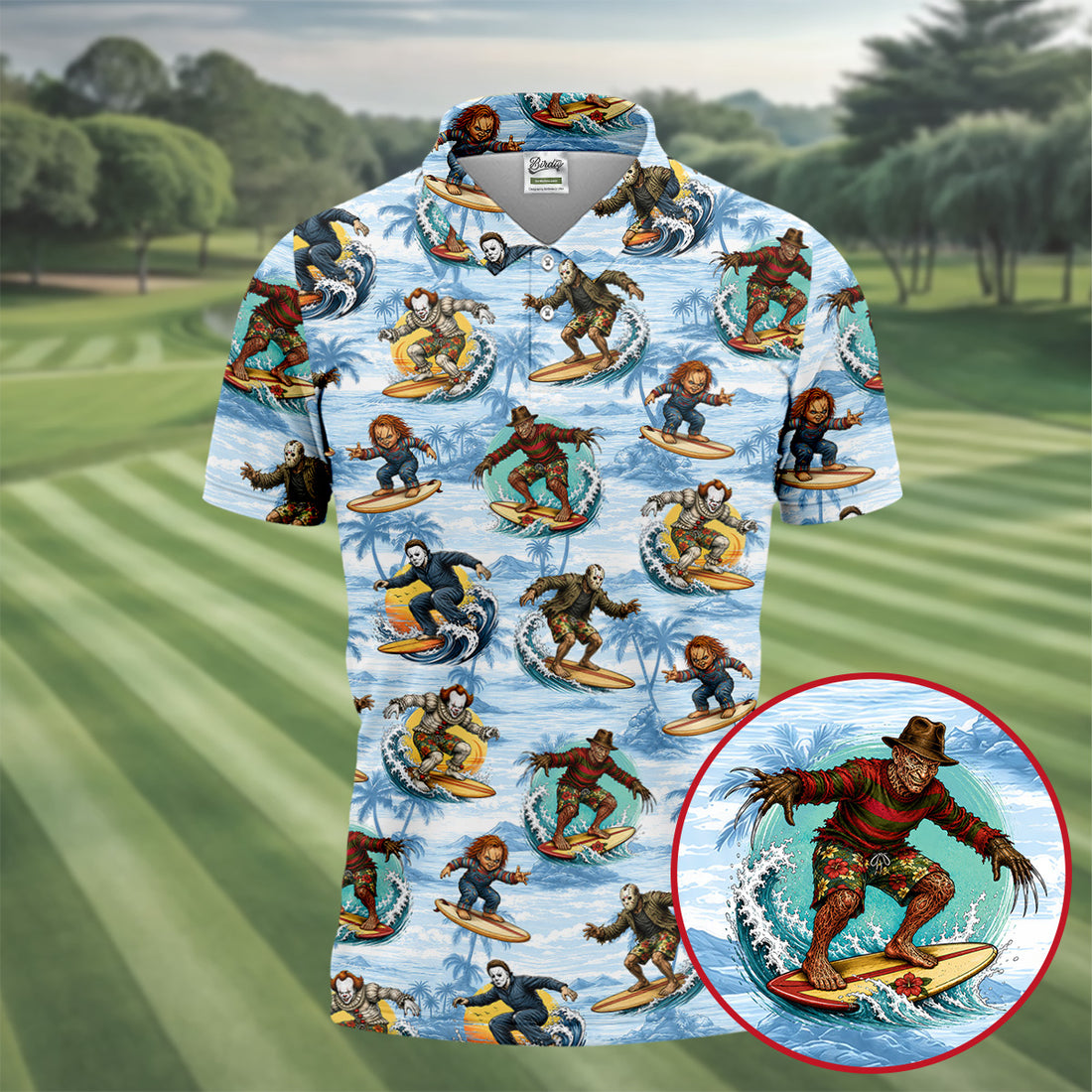 Vintage Horror Character Surfer Hawaiian Golf Shirt, Mens Golf Polo, Golf Apparel For Men