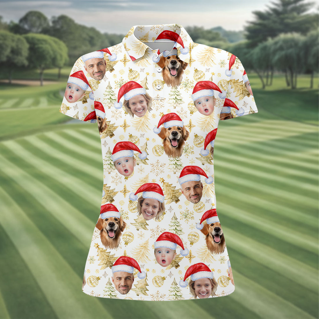 Custom Face Xmas Pattern Golden Print Christmas Golf Shirt, Ladies Golf Tops, Golf Gifts For Women