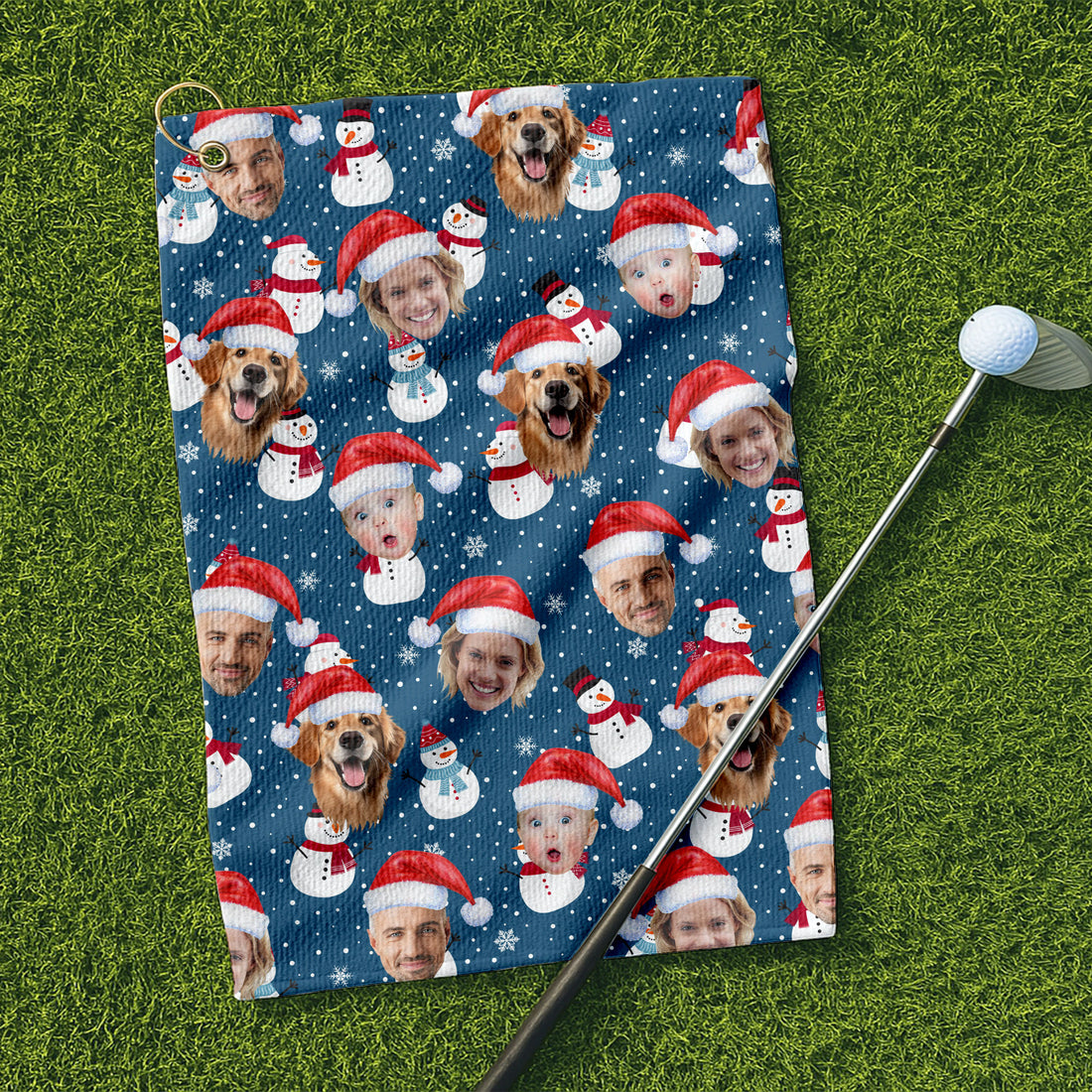 Custom Face Xmas Snowman Navy Golf Towels, Christmas Golf Gift, Custom Golf Accessories