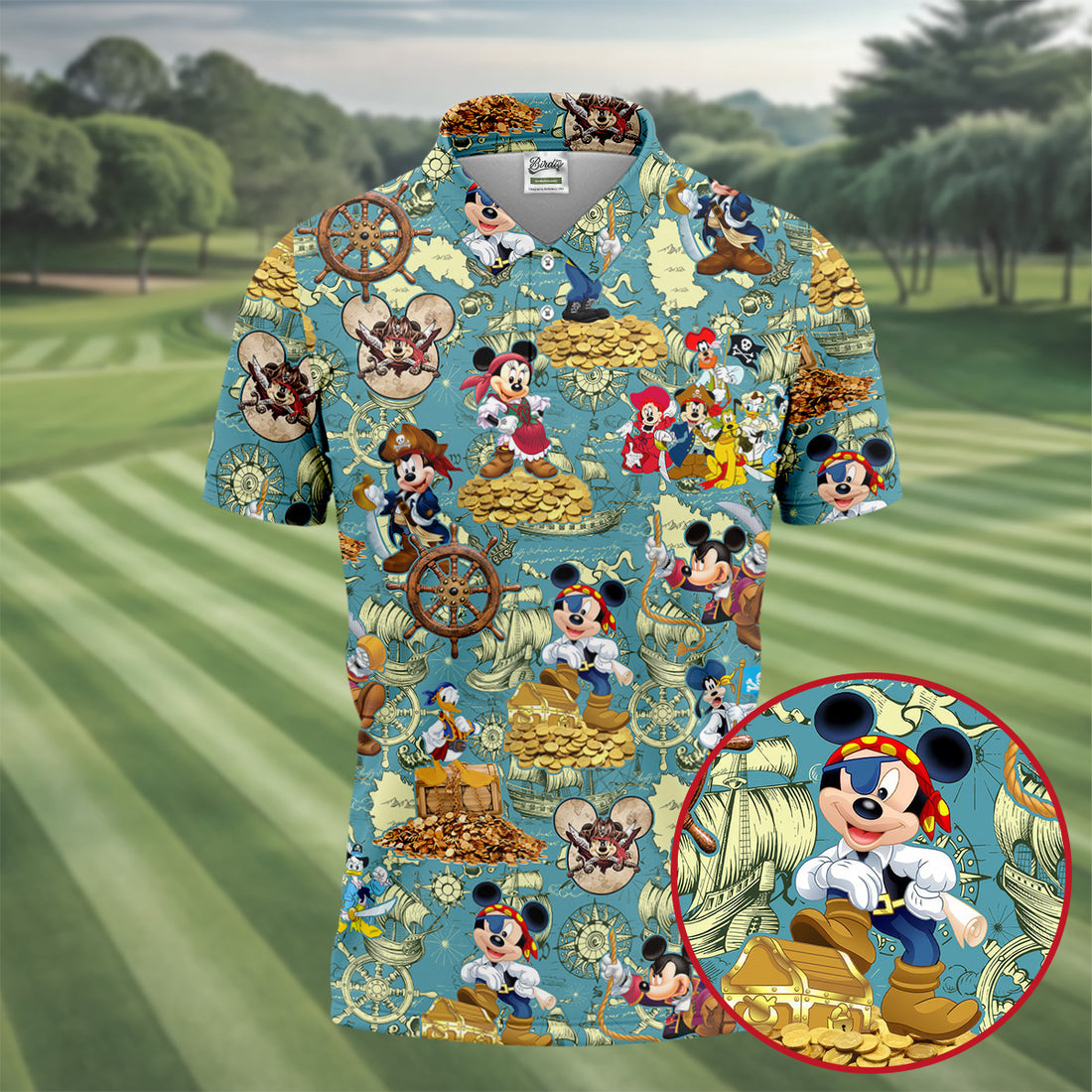 Pirate Mickey Treasure Map Hawaiian Golf Polo Shirt, Printed Golf Shirts, Golf Apparel For Men