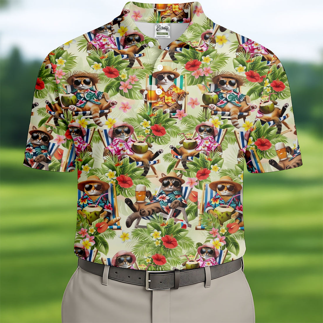 Tropical Raccoons Enjoying Coconut Drinks Design Hawaiian Golf Polo, Golf Tops For Men, Golfing Apparel