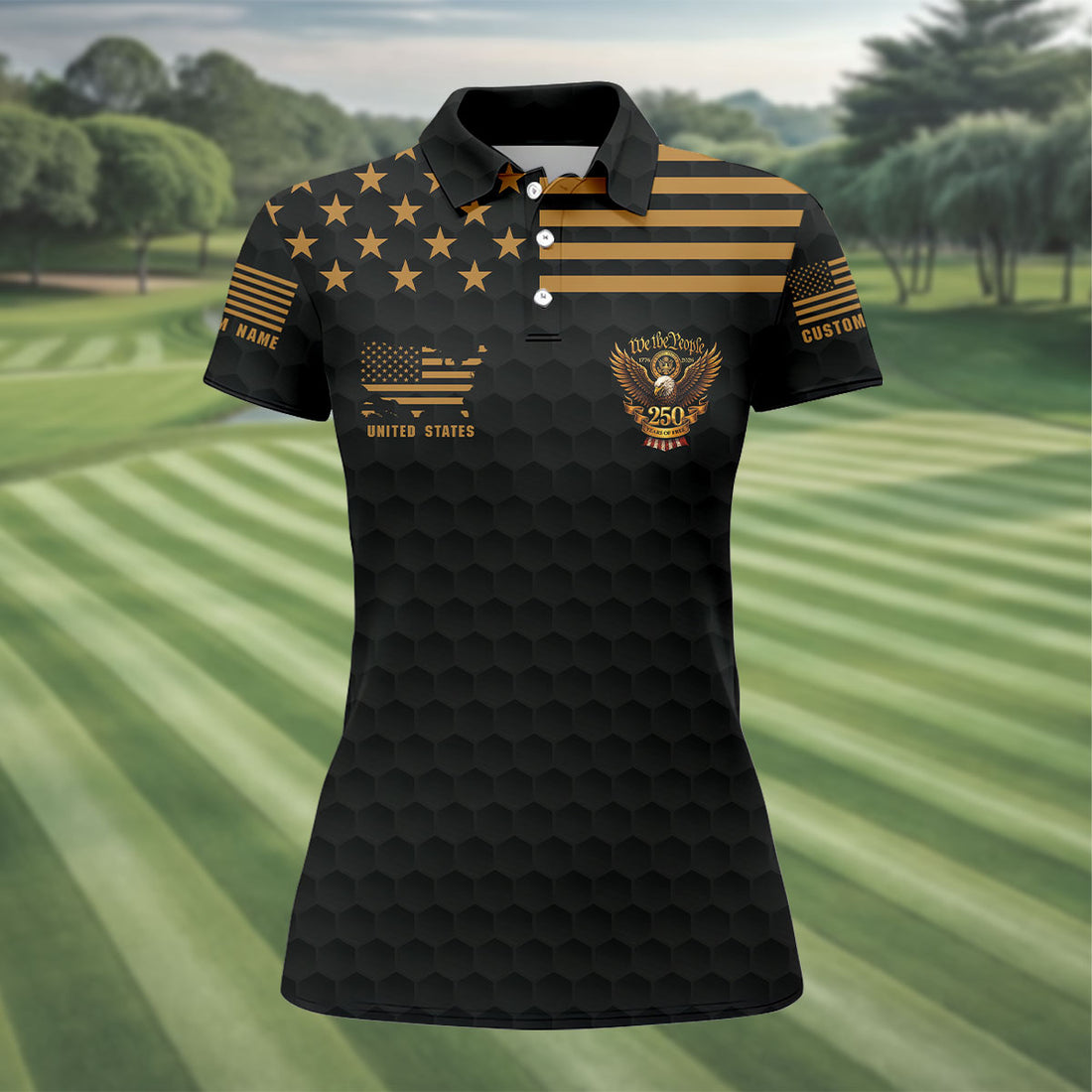 We The People 250 Years Golf Ball Pattern Black Golf Shirt, 4th Of July Patriotic Golf Shirt For Women
