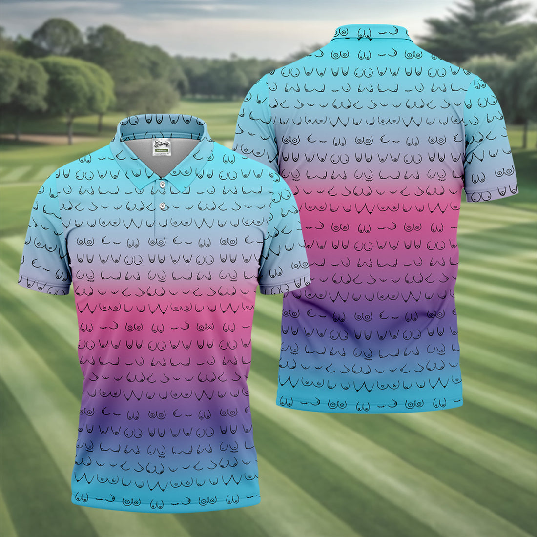 Blue Pink Ombre Mens Funny Golf Shirts , Fun Golf Shirts For Men, Men Golf Polo Shirts, Cool Golf Gifts