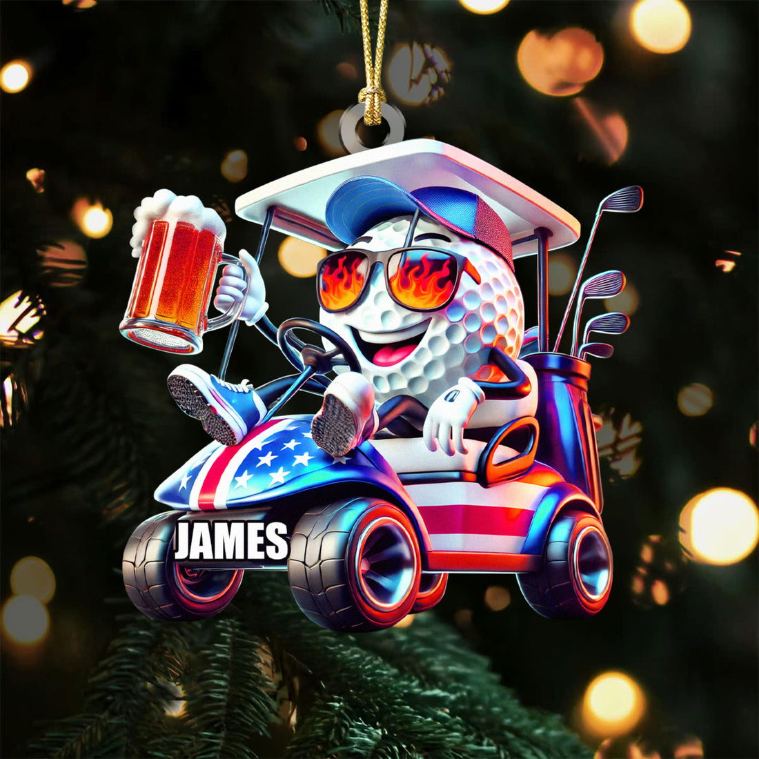 Golf Beer Patriotic Golf Cart Acrylic Ornaments, Golf Xmas Ornaments, Golf Christmas Gifts, Golf Decor