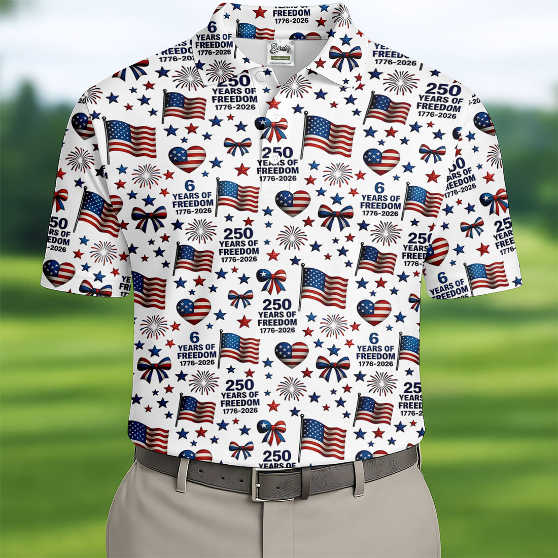 250 Years Of Freedom 1776-2026 American Flag Pattern Patriotic Golf Shirt, 250th Anniversary Golf Shirts For Men