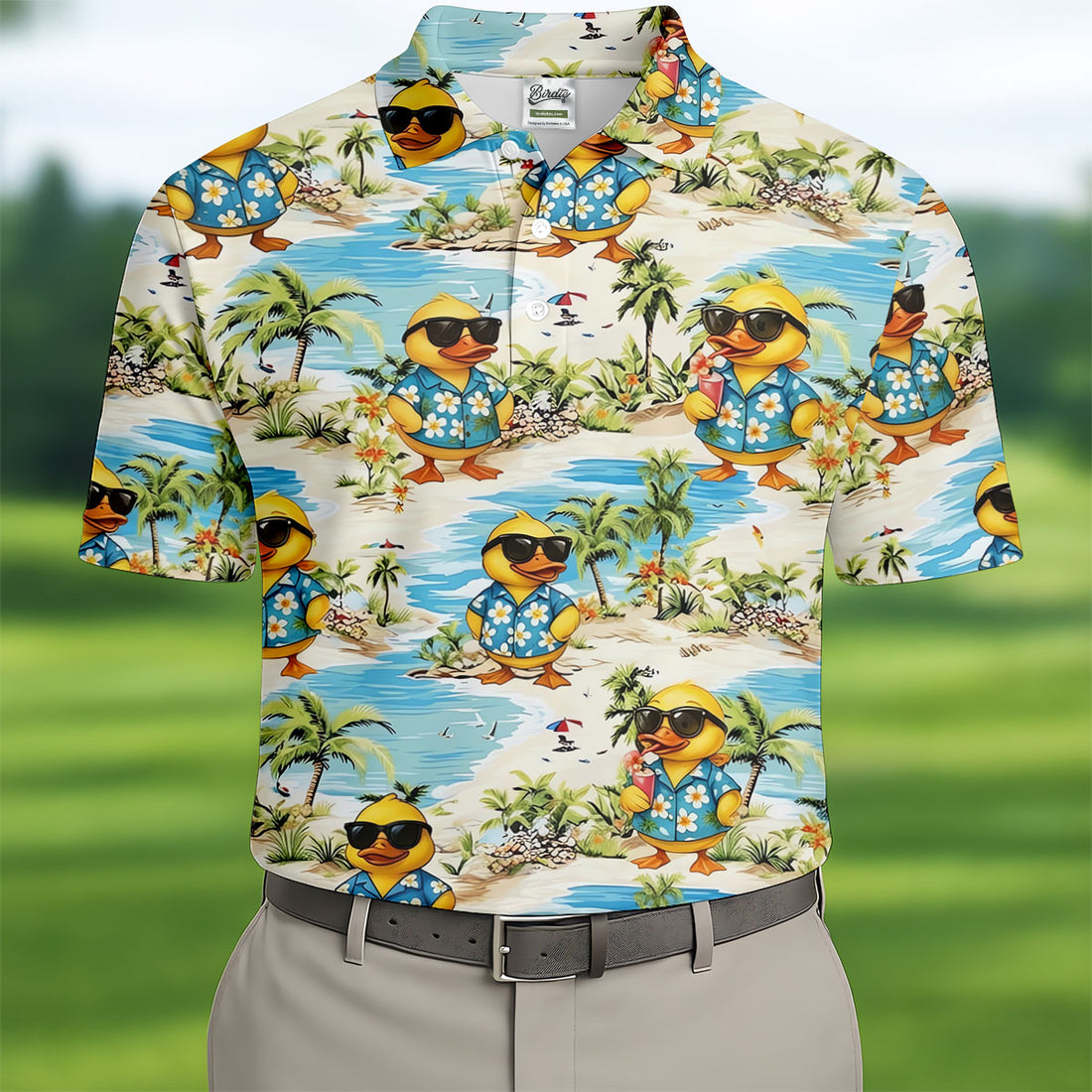Cute Funny Duck Hawaiian Golf Shirt, Beach Theme Men's Golf Shirt, Polo Shirts For Men