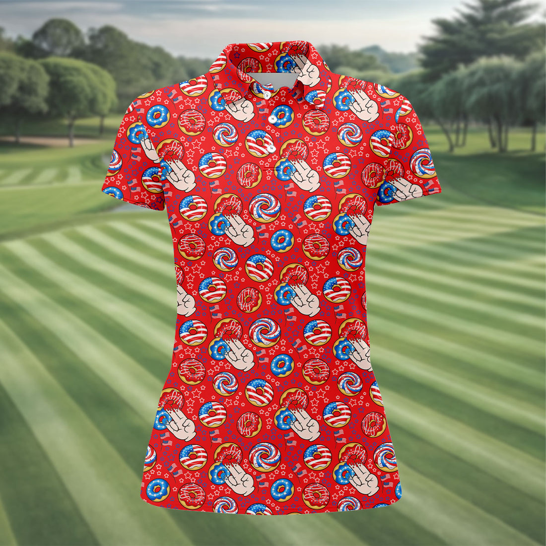 Donut Finger Funny Dirty American Flag Pattern Red Women Golf Top, 250th Anniversary Patriotic Golf Shirt