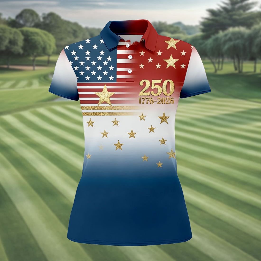 250 Years 1776-2026 Golden Star Golf Shirt For Women, Patriotic 4th Of July Ladies Golf Shirts