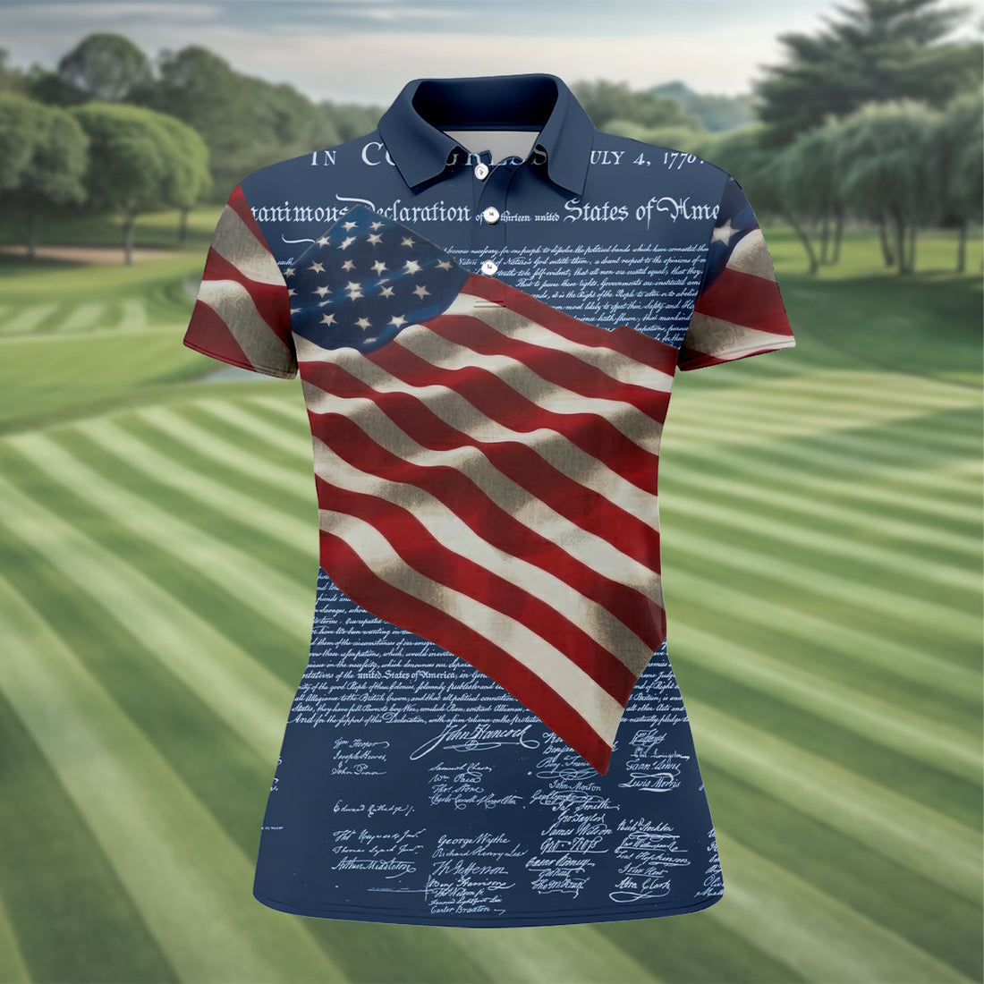 Patriotic American Flag Declaration Of Independence Navy Golf Shirt, 250th Anniversary Ladies Golf Shirts