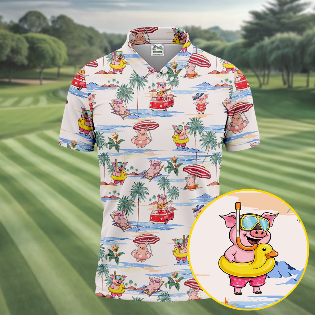 Cute Pig Beach Adventure Hawaiian Golf Polo, Golf Tops For Men, Golfing Apparel