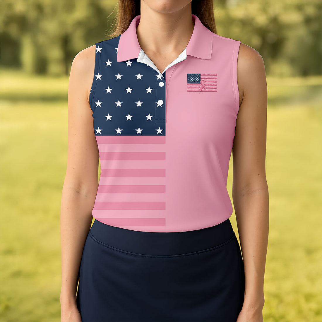 Printed Pink USA Flag Breast Cancer Polo Shirt, Golf Tops For Women, Printed Golf Shirt