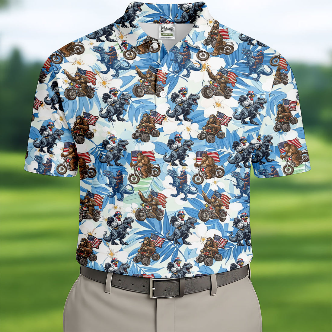 Patriotic Bald Eagle Funny T-Rex Bigfoot Hawaiian Golf Shirt, 250 Years 4th Of July Golf Shirts For Men