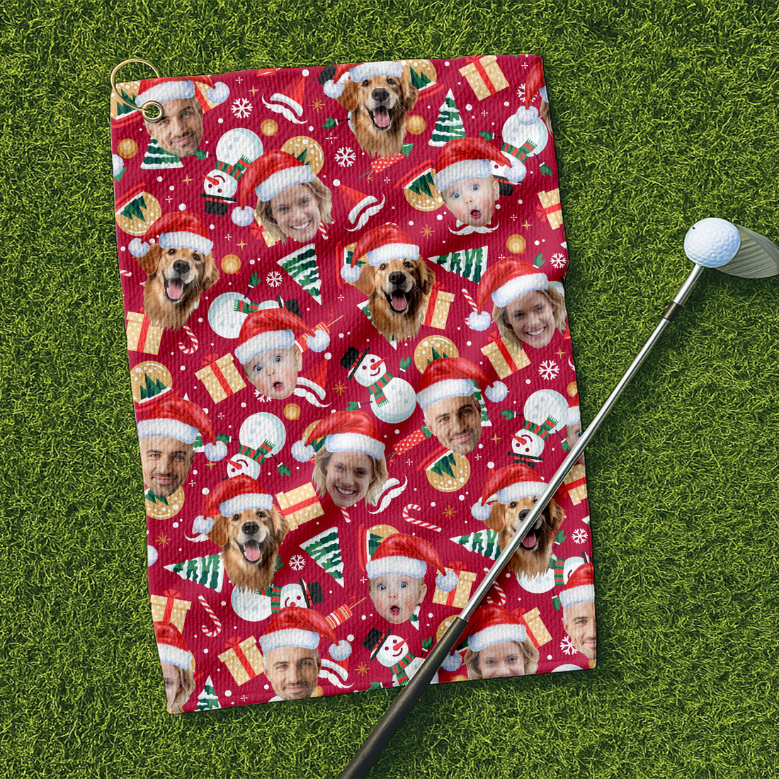 Custom Face Christmas Icons Red Golf Towels, Christmas Golf Gift, Custom Golf Accessories