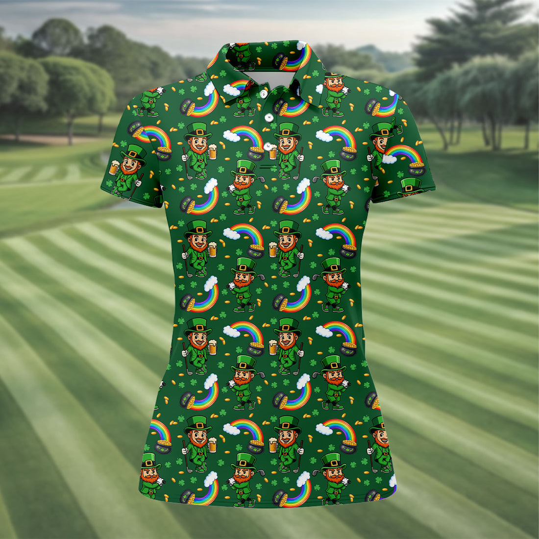 St Patrick's Day Leprechaun Golf Pose Rainbow Gold Pot Shamrock Golf Shirt, Women's Golf Shirts, Ladies Golf Polos