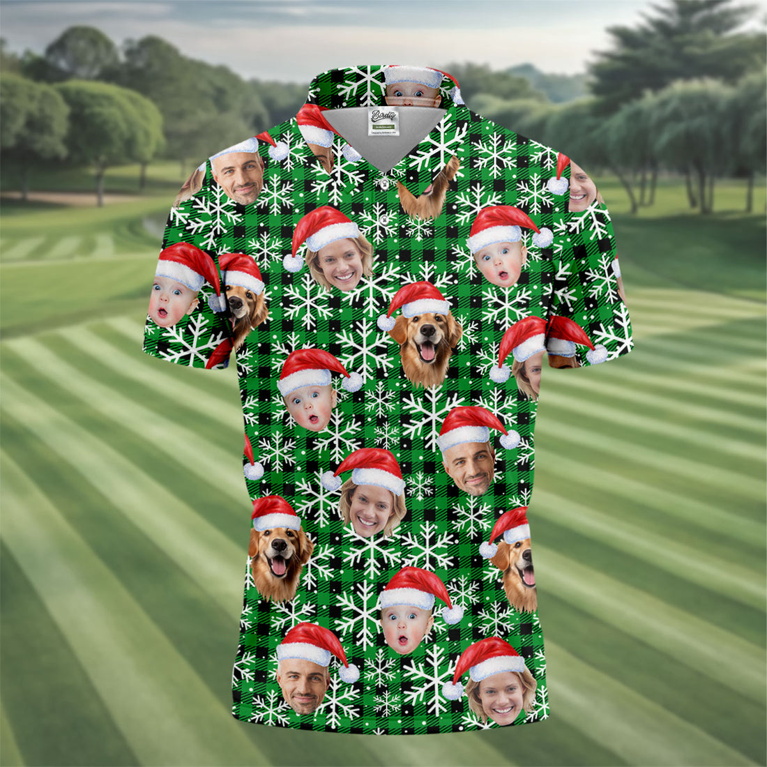 Custom Face Green And Black Checkered Christmas Golf Shirt, Golf Gift For Men, Golf Shirts For Men