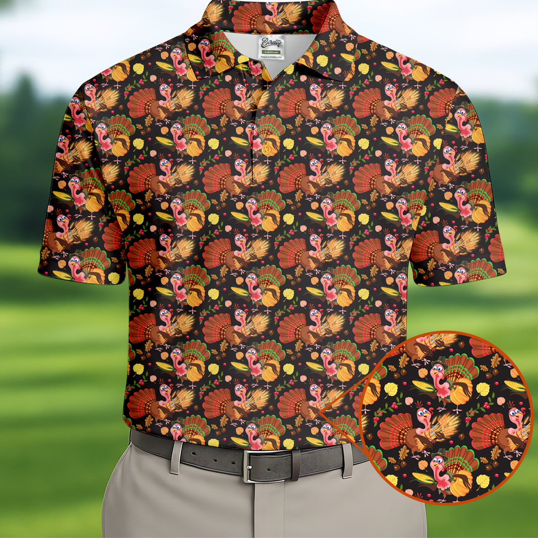 Turkey Pumpkin Thanksgiving Holiday Black And Brown Polo Shirts For Men, Golf Gift For Men
