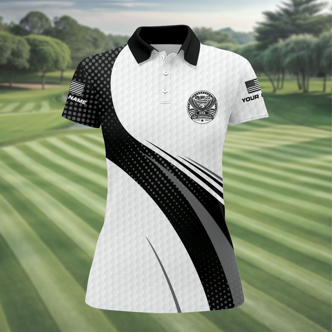USA 250th Anniversary Black And White Golf Ball Pattern Ladies Golf Tops, Patriotic Golf Shirt For Women