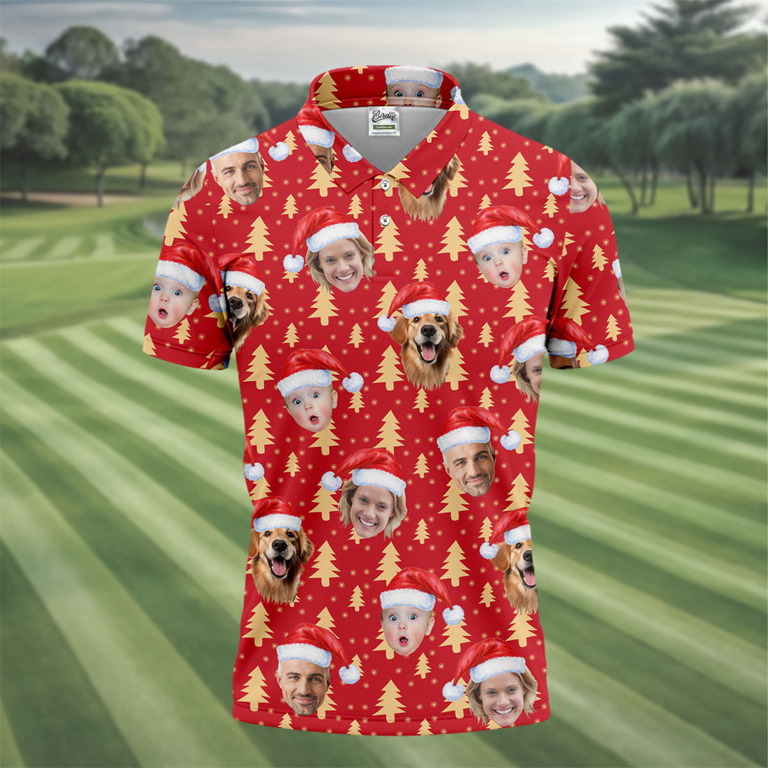 Custom Face Golden Pine Tree Red Golf Shirt, Christmas Golf Shirt, Golf Shirts For Men, Golf Gift For Men