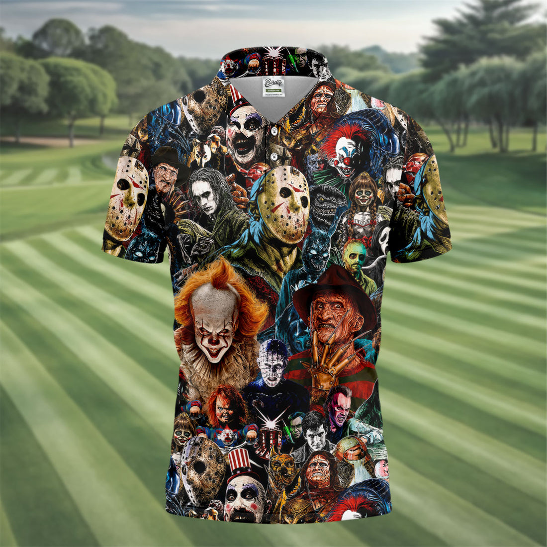 Iconic Horror Character Legends Collage Golf Polo Shirt, Mens Golf Shirts, Printed Golf Shirts