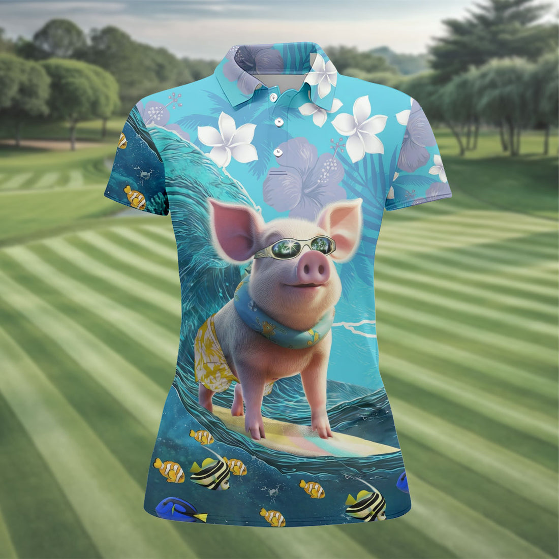 Funny Pig Riding Ocean Waves with Tropical Flowers Hawaiian Golf Polo, Golf Tops For Women, Golfing Apparel