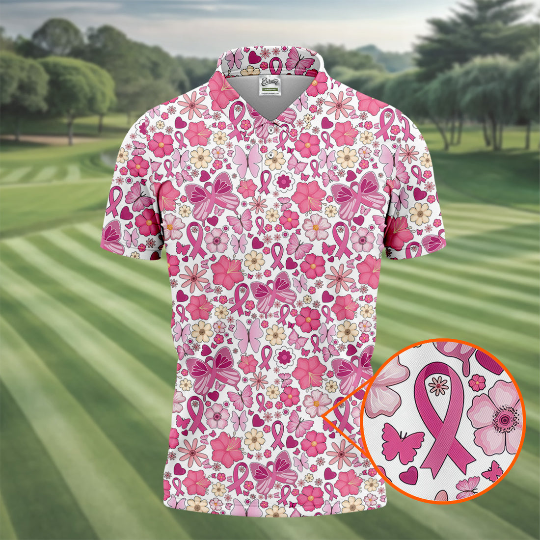 Breast Cancer Pink Ribbon Floral Golf Shirt, Cancer Awareness Shirt, Polo Shirts For Men, Golfing Apparel
