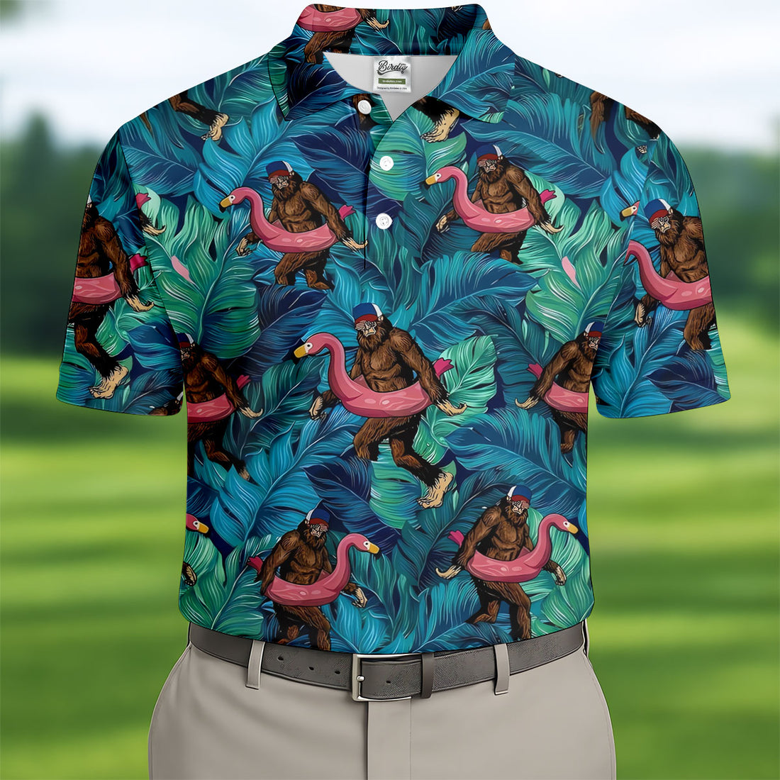 Bigfoot Flamingo Float Tropical Golf Polo Shirt, Hawaiian Golf Shirt, Mens Golf Polo