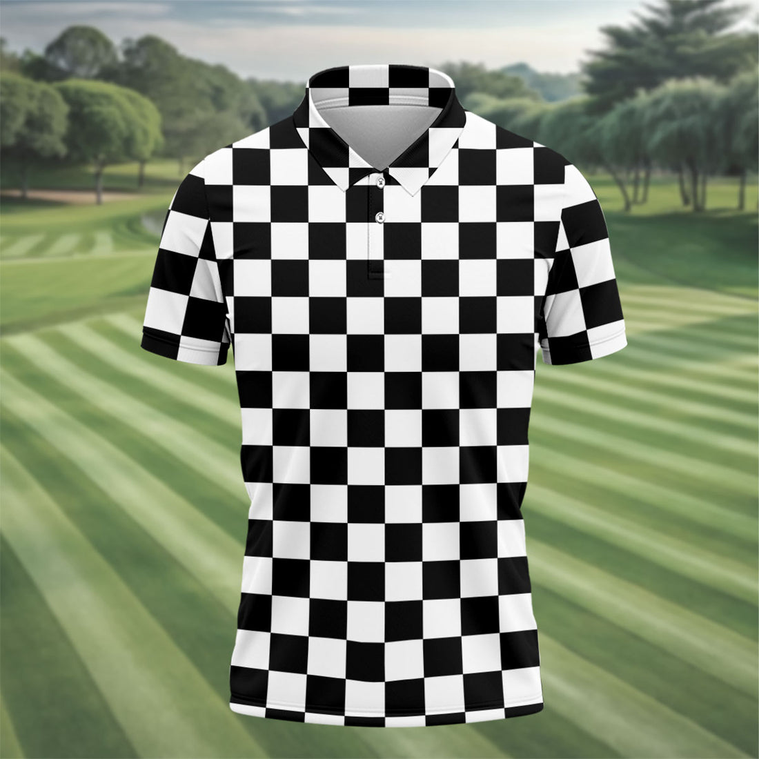 Black White Checkerboard Golf Shirt, Racing Flag Men's Golf Polo, Polo Shirts For Men