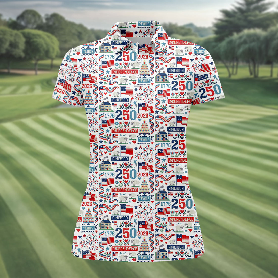 America Independence 250 Years White Golf Shirt, Patriotic 4th Of July Golf Shirt For Women