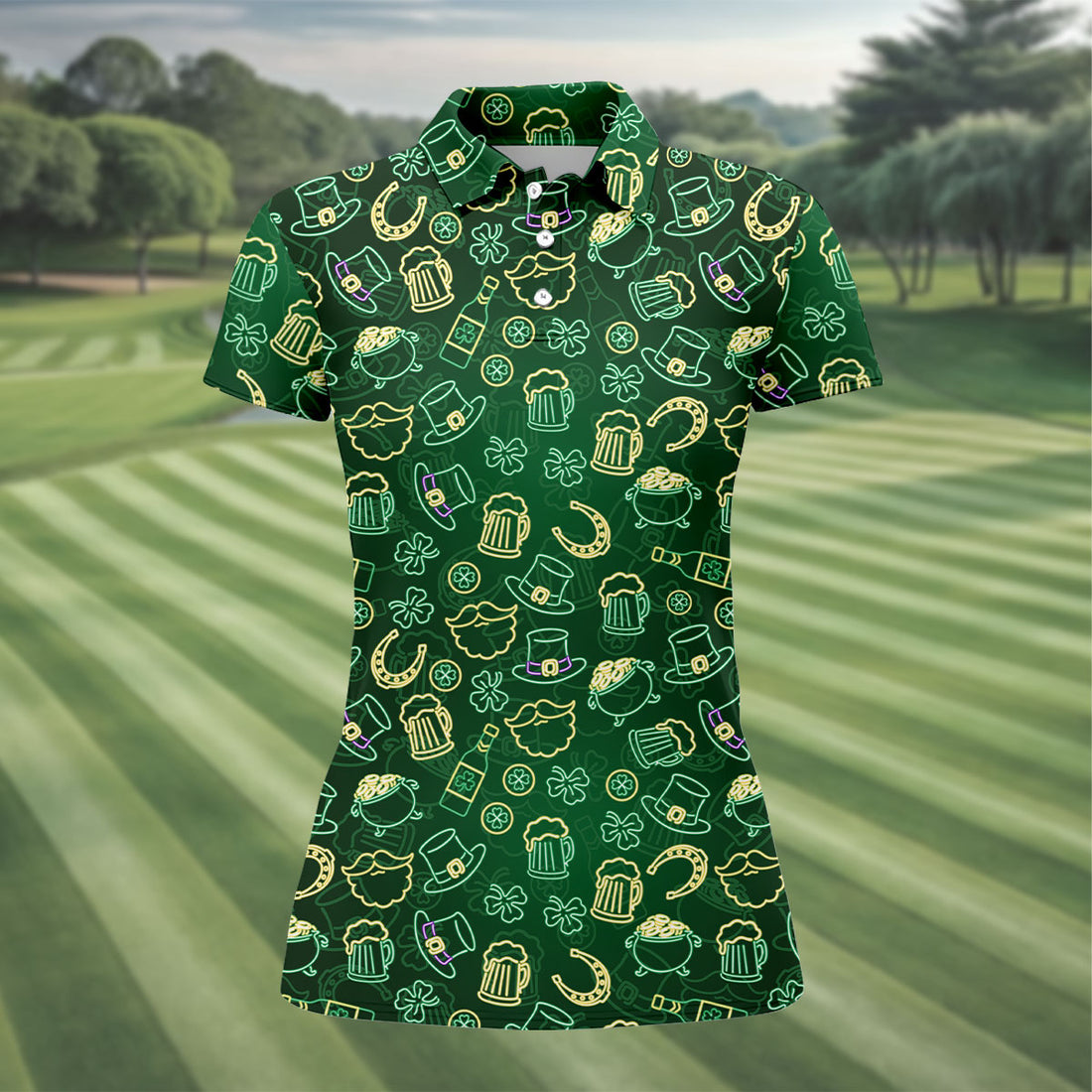 Beer Shamrock Neon Pattern St Patrick's Day Golf Shirt, Women Golf Top, Ladies Golf Shirts