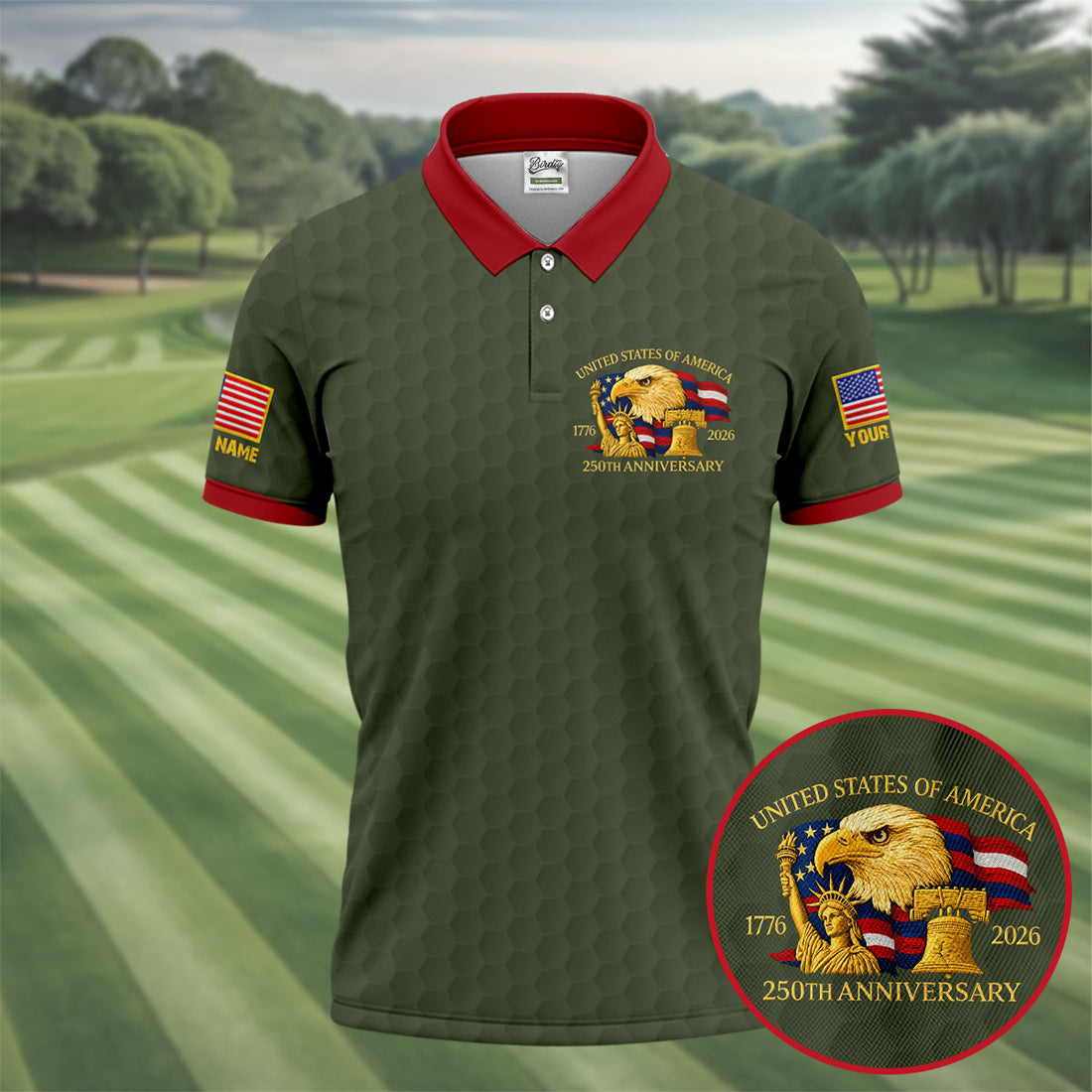United States 250th Anniversary Patriotic Eagle Olive Custom Golf Shirts, 4th Of July Golf Shirts For Men