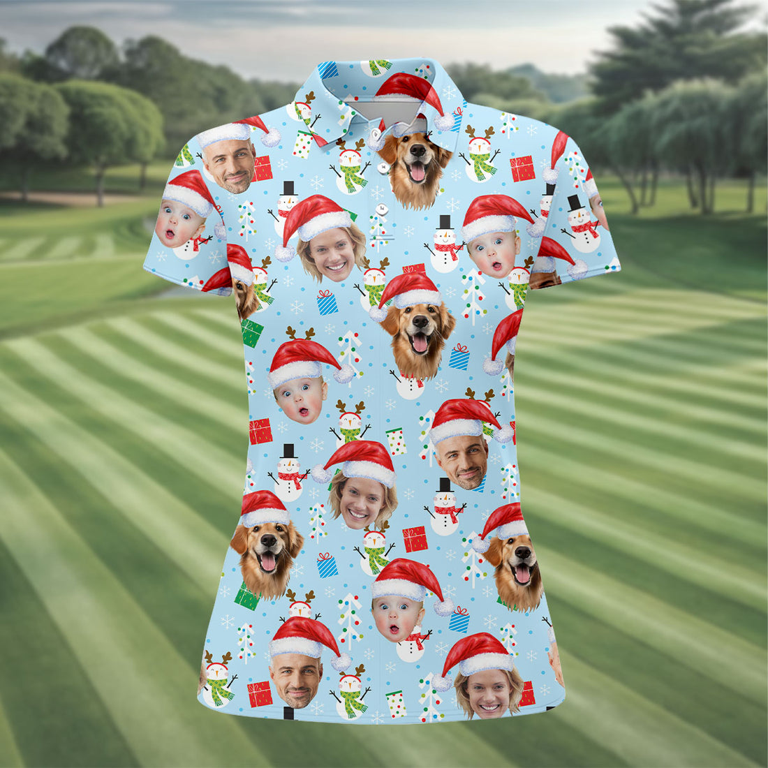 Custom Face Cute Snowman Pastel Blue Christmas Golf Shirt, Women's Golf Tops, Ladies Golf Shirts
