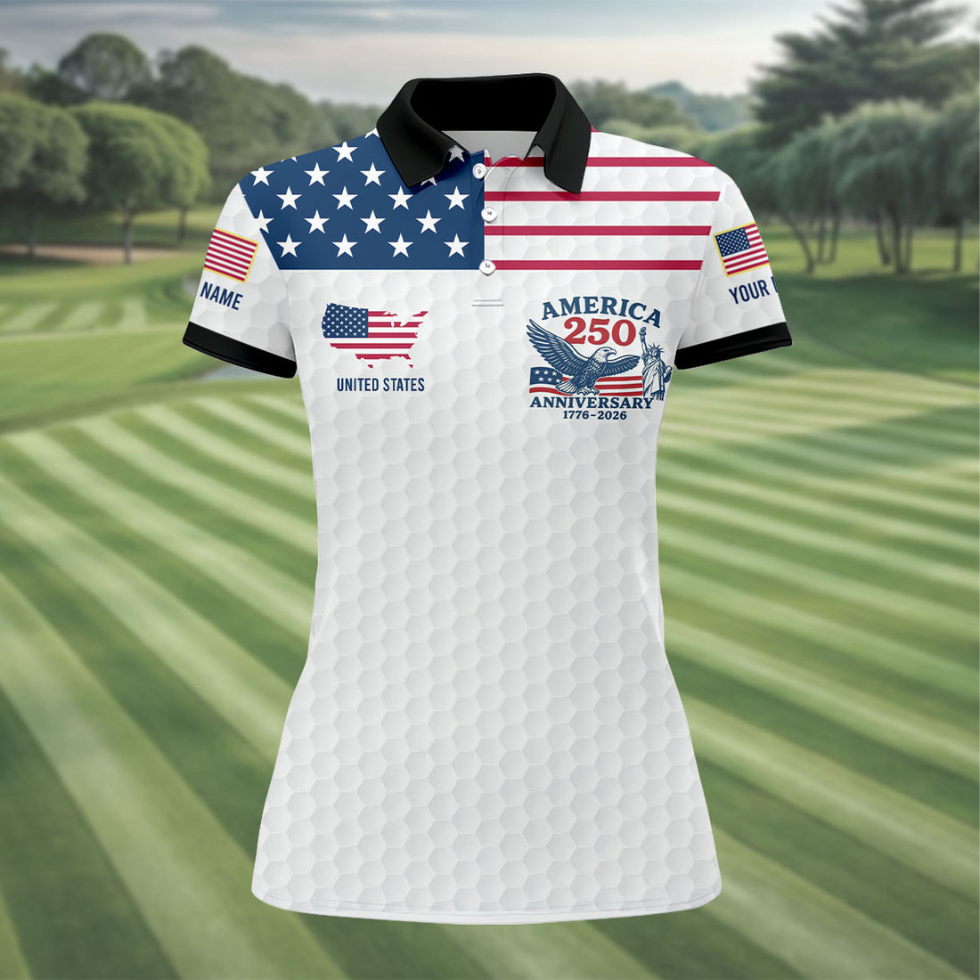 America 250 Anniversary 1776-2026 Golf Ball Pattern Patriotic Golf Shirt, Women's Golf Tops, Ladies Golf Polos