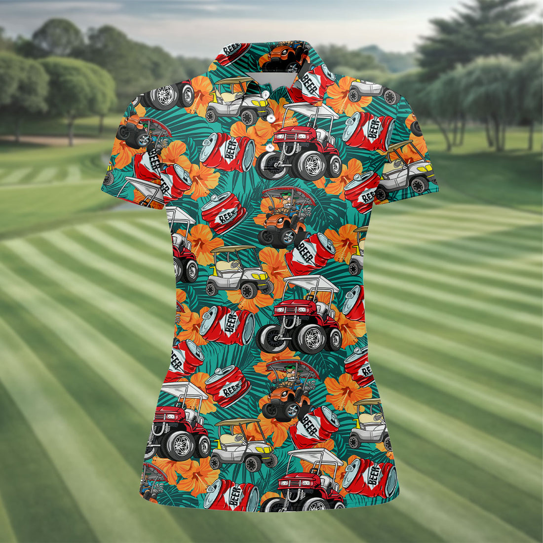 Beer Cart Golf Hawaiian Golf Shirt, Tropical Floral Women's Golf Tops, Ladies Golf Shirts