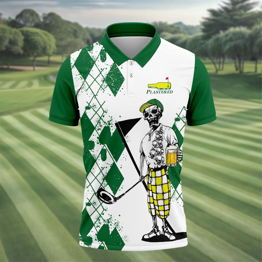 Plastered Golf And Beer Funny Skeleton Golf Tournament Men Golf Polo Shirt, Golf Shirts For Men