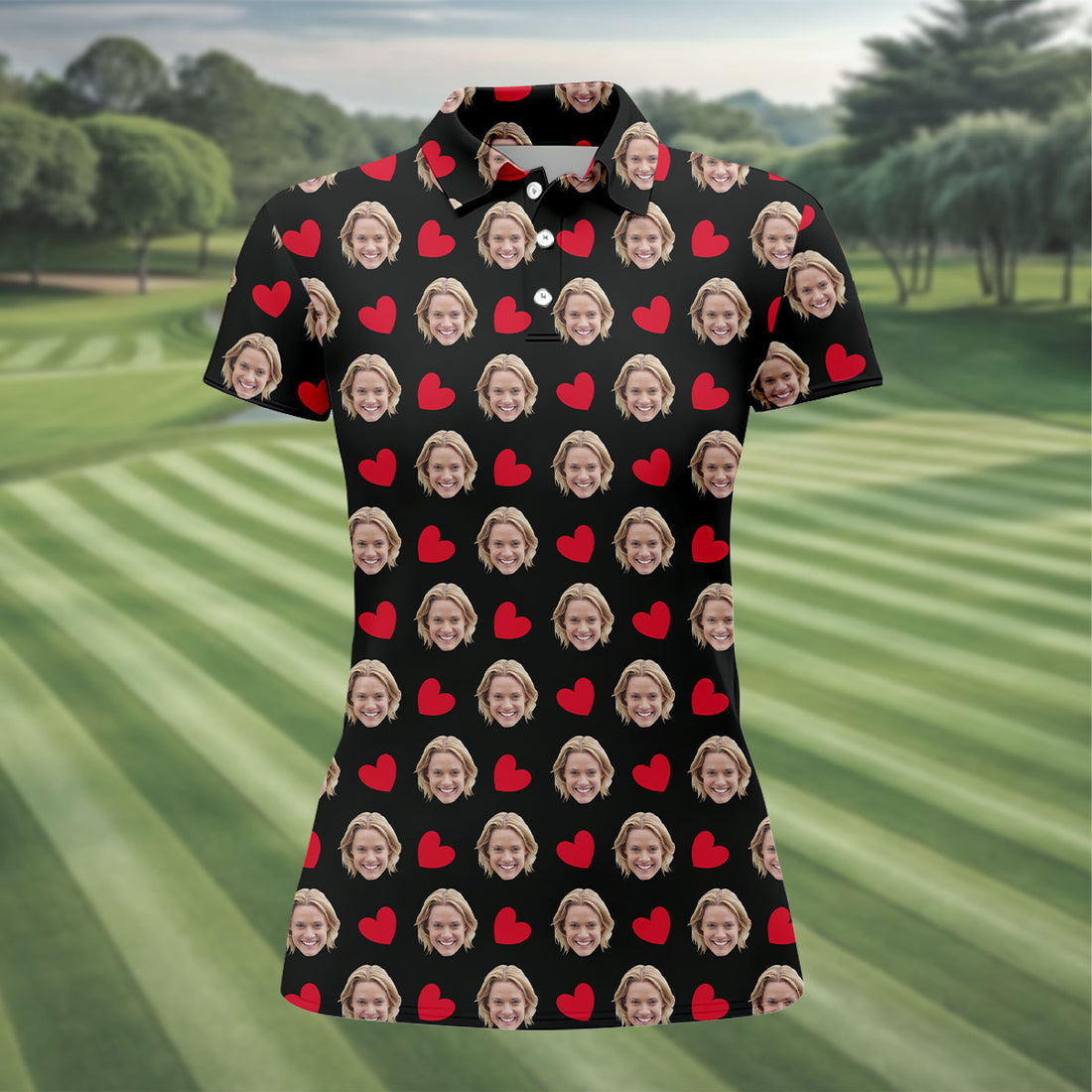 Custom Face Red Heart Pattern Black Golf Shirt, Cute Golf Outfit, Ladies Golf Shirts, Golf Gifts For Women
