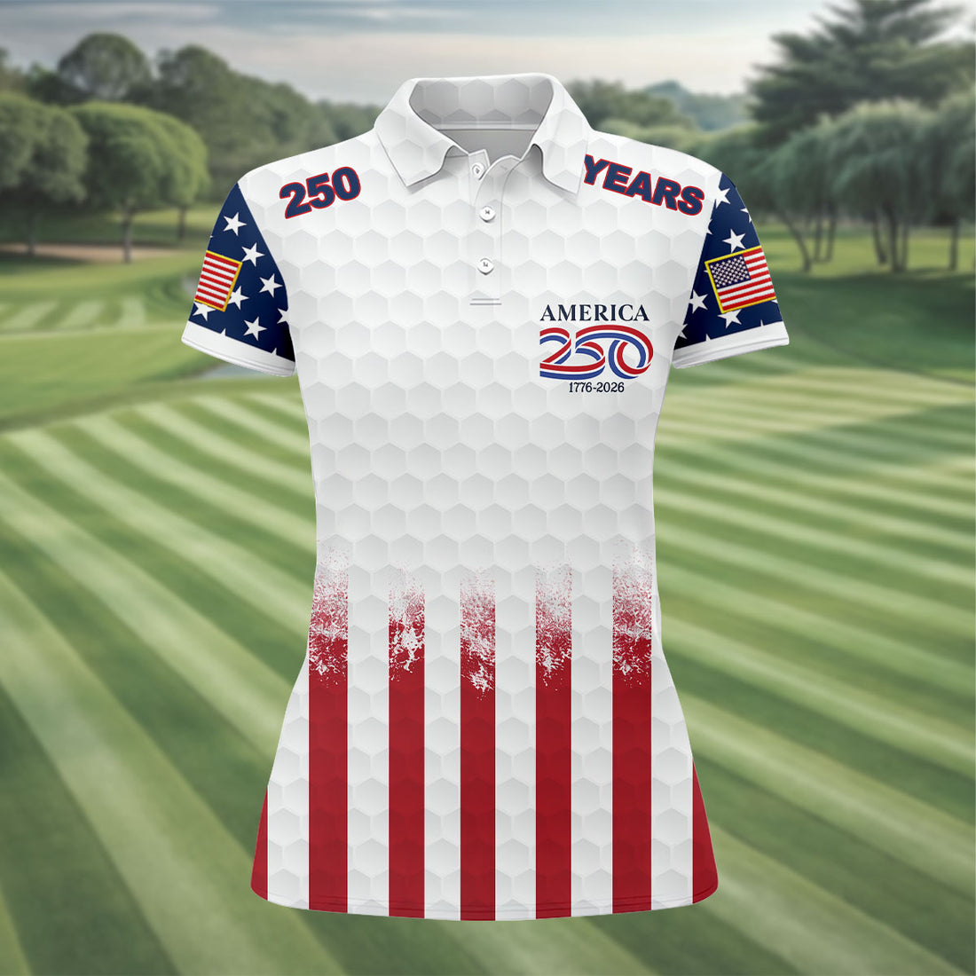 250 Years America Golf Ball Pattern 4th Of July Golf Shirt, Patriotic Golf Shirt, Golf Shirt For Women