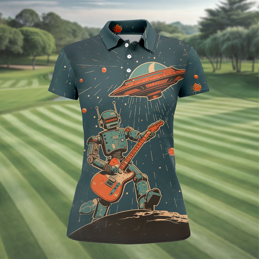 Robot UFO Sleeveless Golf Shirt, Cute Golf Outfit, Women's Golf Shirt, Golf Polo For Women