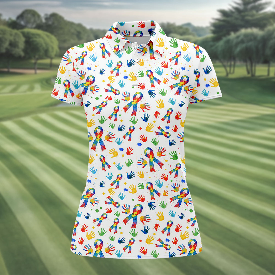 Colorful Handprints Autism Ribbon Women's Golf Tops, Autism Awareness Color Ladies Golf Polos