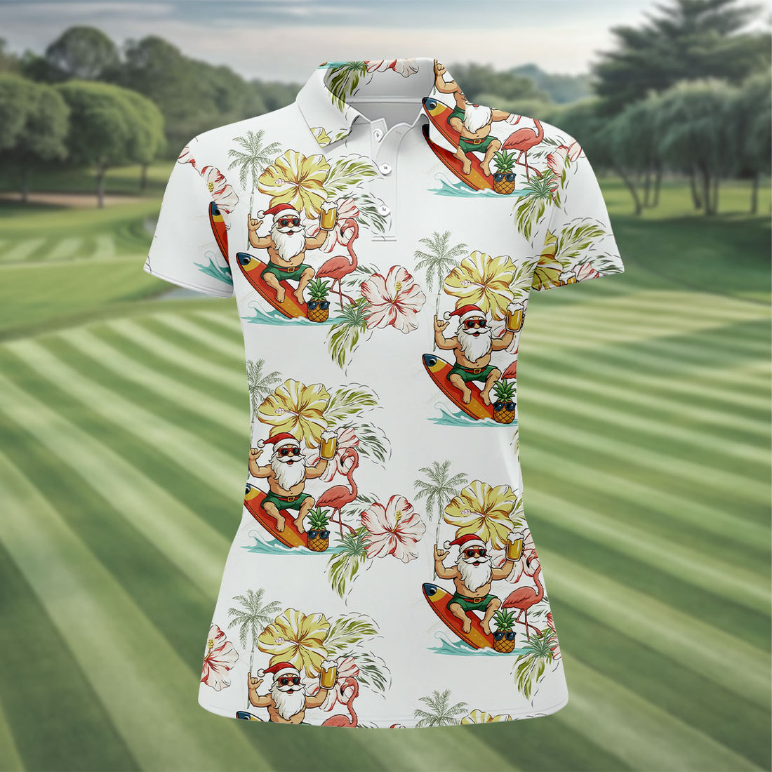 Surfing Santa Hawaiian Golf Shirt, Fun Women's Golf Shirts, Christmas In July Golf Gifts For Women