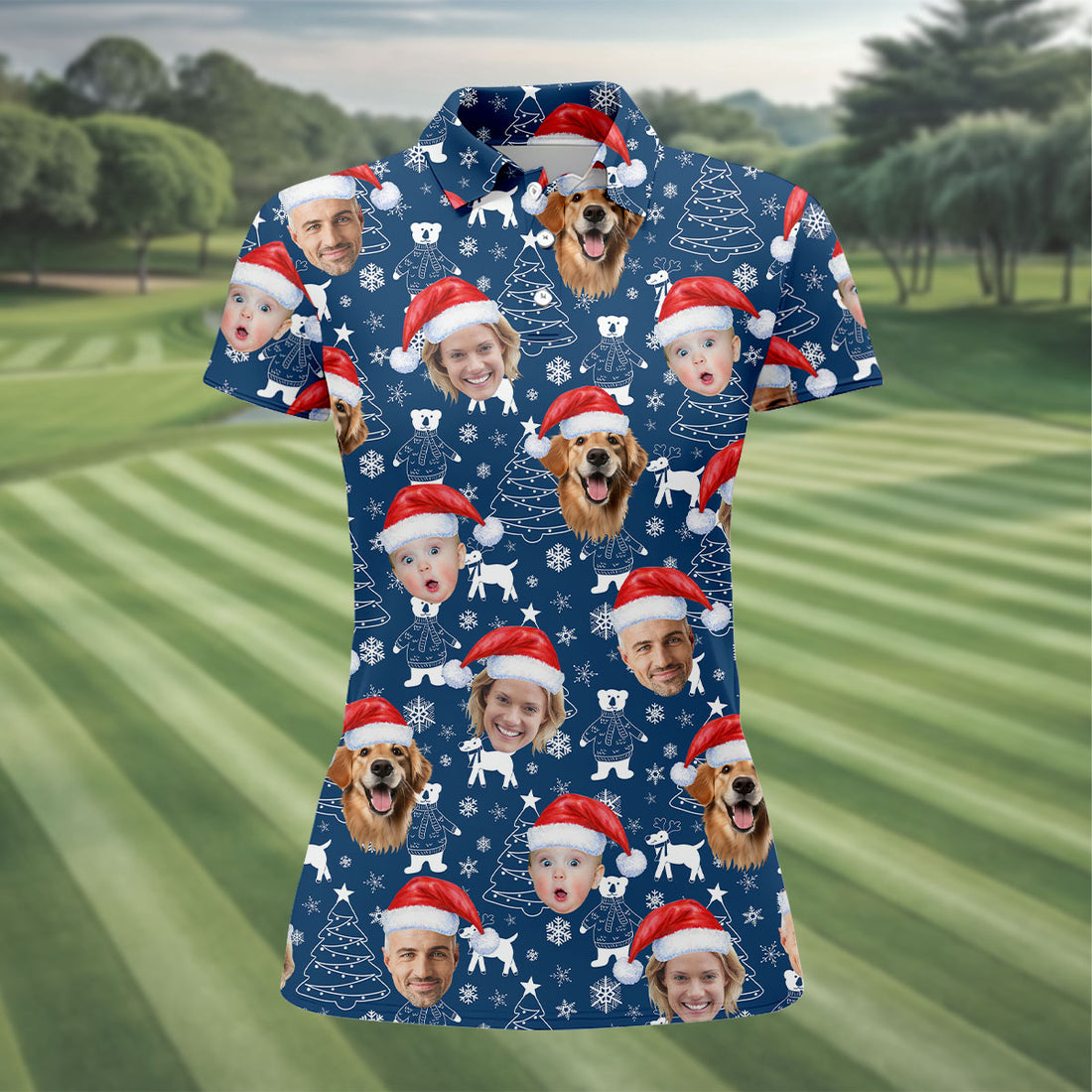 Custom Face Snow Figure Navy Golf Shirt, Christmas Golf Shirt, Women's Golf Tops, Ladies Golf Shirts