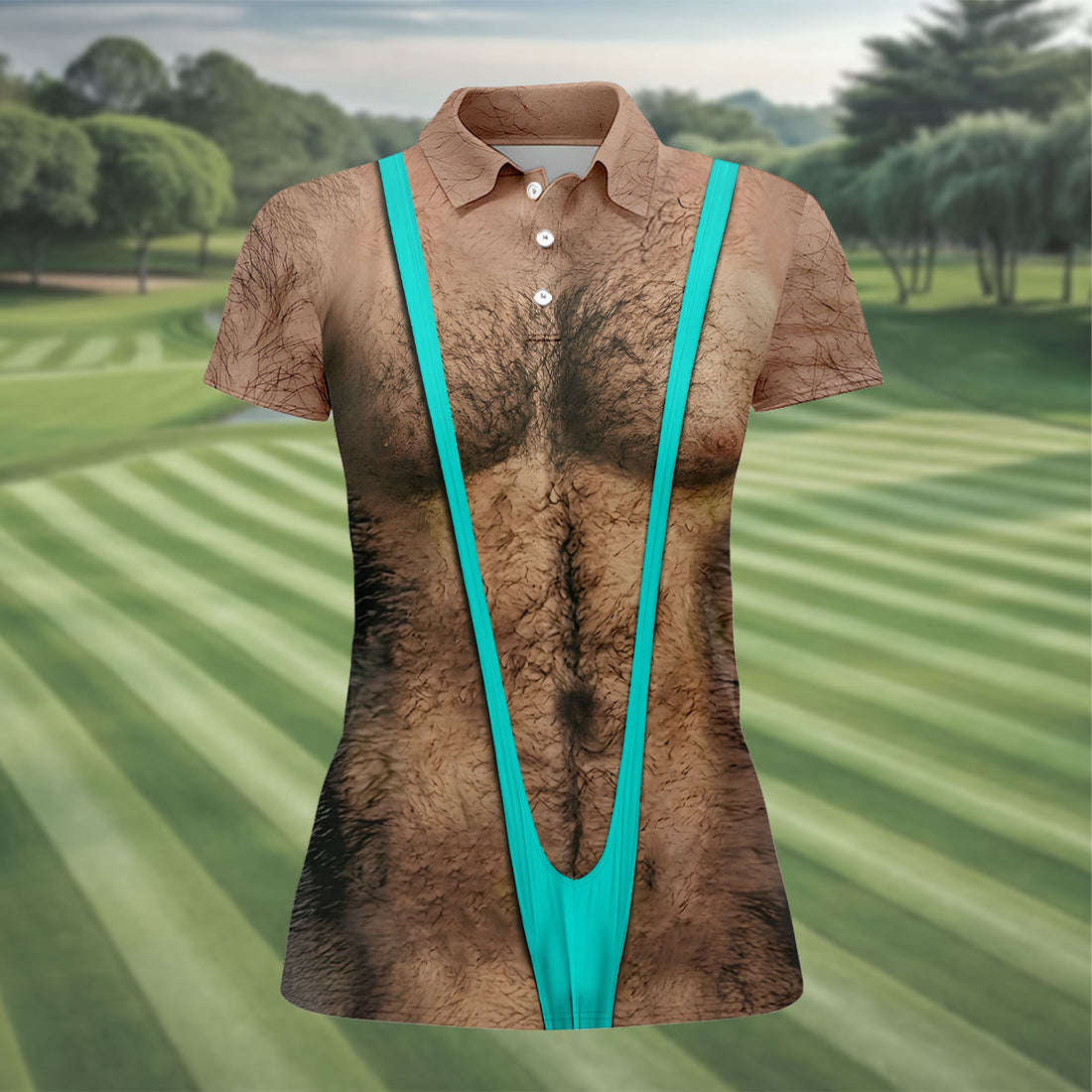 Funny Hairy Chest Turquoise Suspender Golf Shirt, Funny Golf Shirt, Women's Golf Tops, Ladies Golf Shirts (Copy)