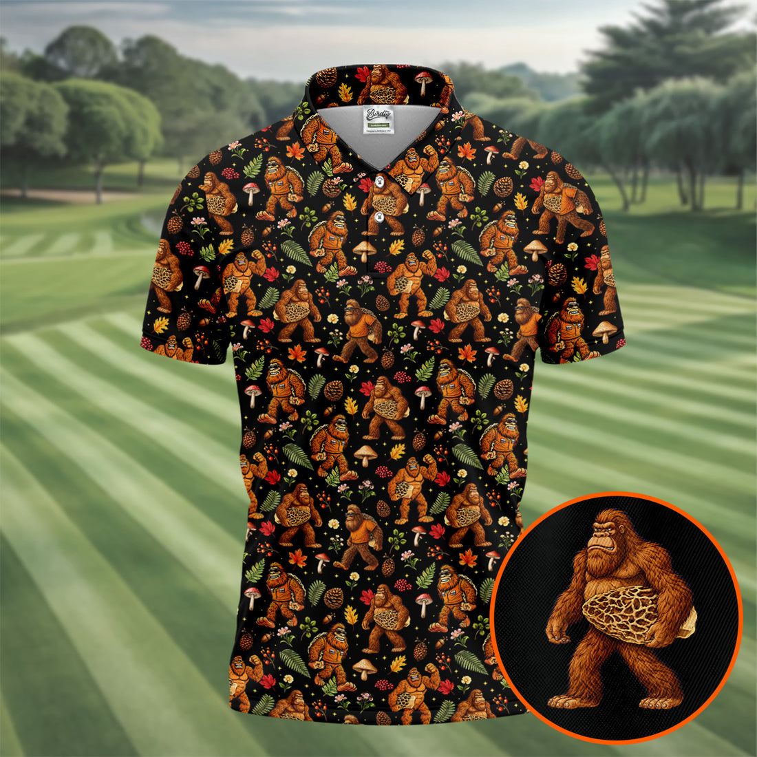 Autumn Bigfoot Forest Pattern Polo Shirt, Mens Golf Apparel, Printed Golf Shirts