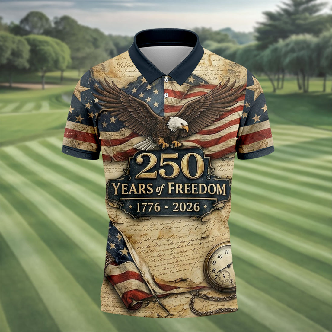 250 Years Of Freedom US Bald Eagle Retro Golf Shirt, Patriotic 4th Of July Golf Shirts For Men