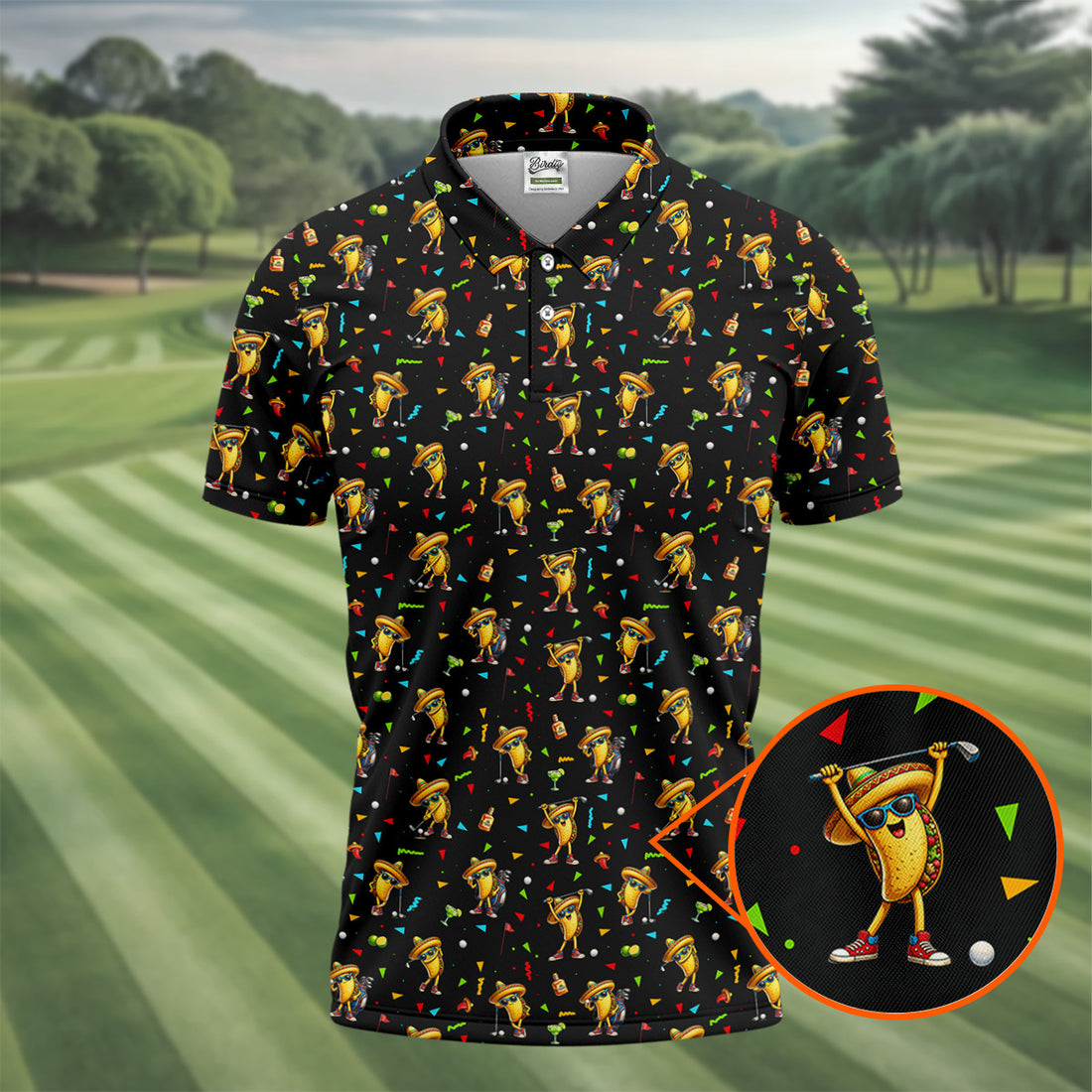 Fairway Fiesta Taco Margarita Mexico Theme Black Golf Shirt, Men's Golf Shirts, Polo Shirts For Men