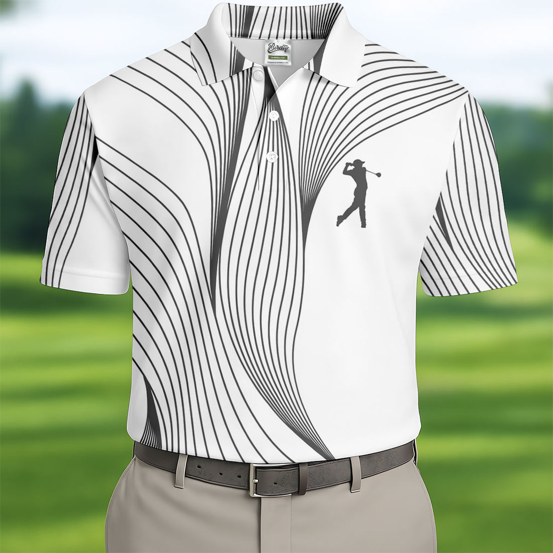 Geometric Line Wavy Line Black And White Golf Shirts For Men, Men's Golf Shirt, Polo Shirts For Men